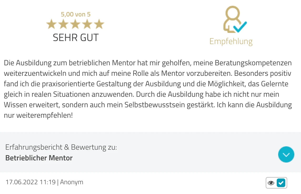 ProvenExpert-Bewertung anonym — 5 von 5 Sternen, Lehrgang Betrieblicher Mentor