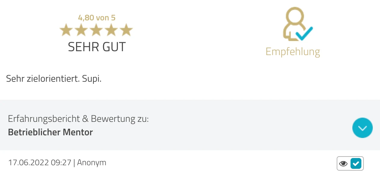 ProvenExpert-Bewertung anonym — 4.8 von 5 Sternen, Lehrgang Betrieblicher Mentor