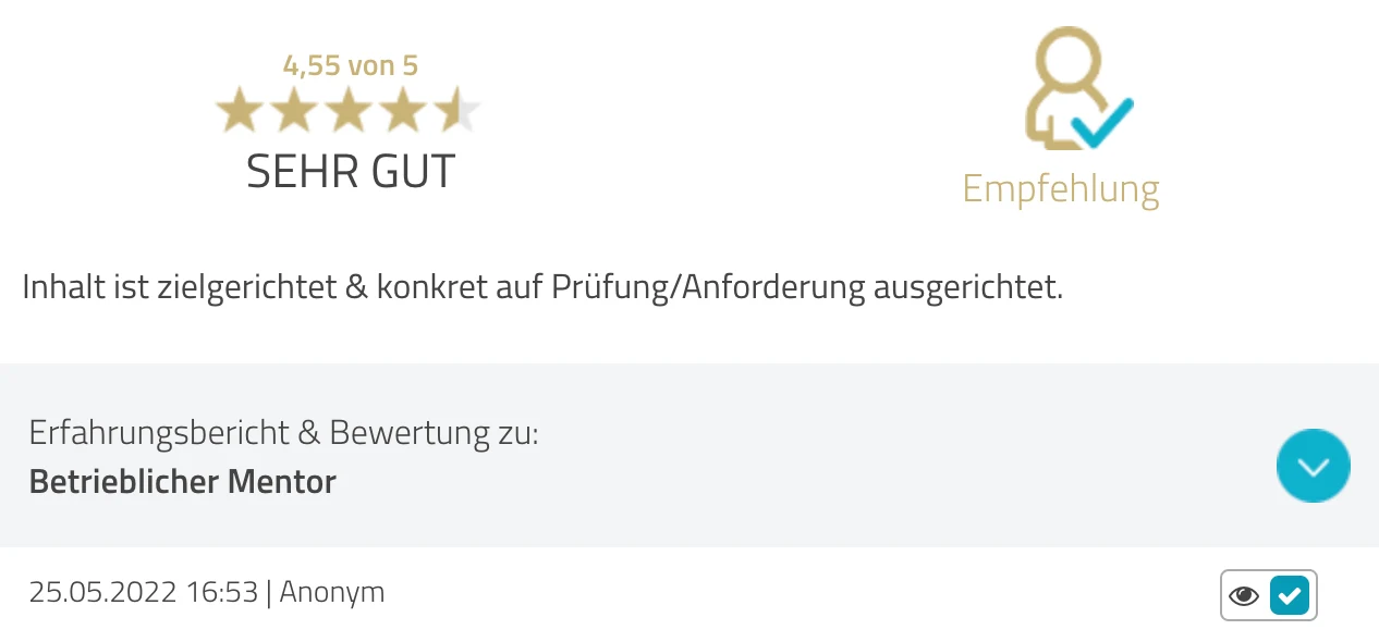 ProvenExpert-Bewertung anonym — 4.55 von 5 Sternen, Lehrgang Betrieblicher Mentor