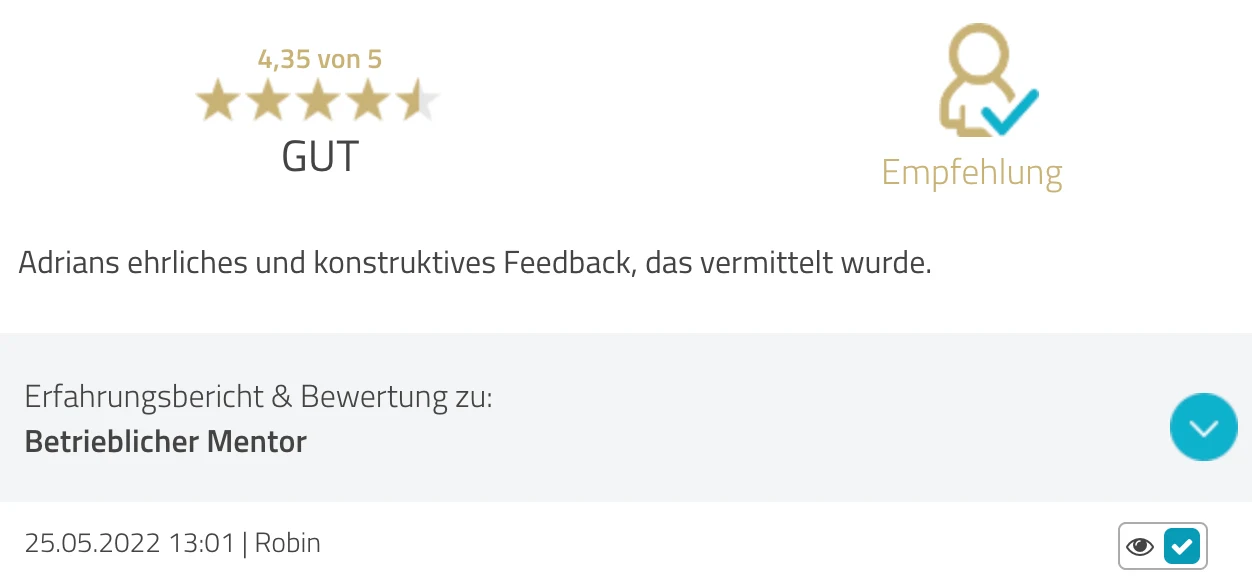 ProvenExpert-Bewertung Robin — 4.35 von 5 Sternen, Lehrgang Betrieblicher Mentor