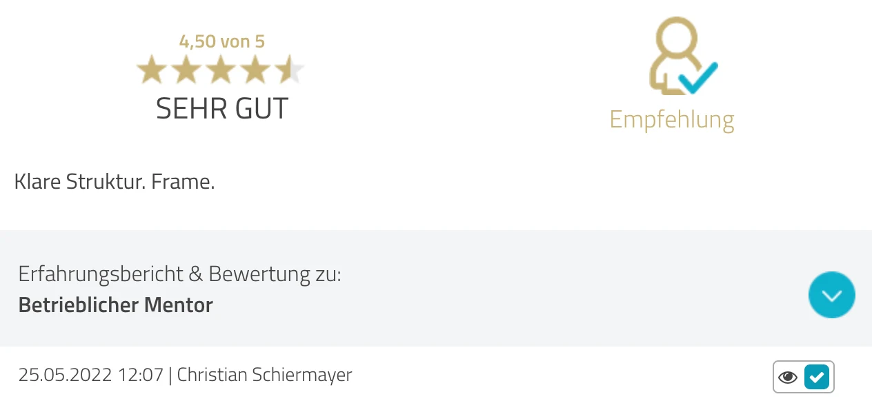 ProvenExpert-Bewertung Christian Schiermayer — 4.5 von 5 Sternen, Lehrgang Betrieblicher Mentor