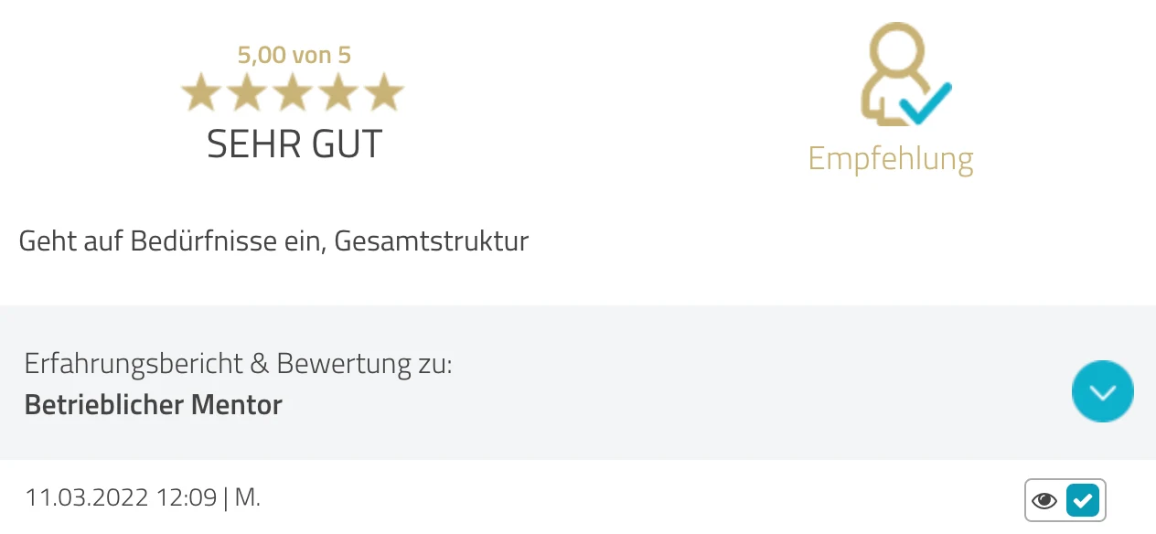 ProvenExpert-Bewertung M. — 5 von 5 Sternen, Lehrgang Betrieblicher Mentor