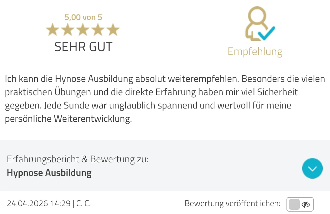 ProvenExpert-Bewertung C. C. — 5 von 5 Sternen, Hypnose Ausbildung