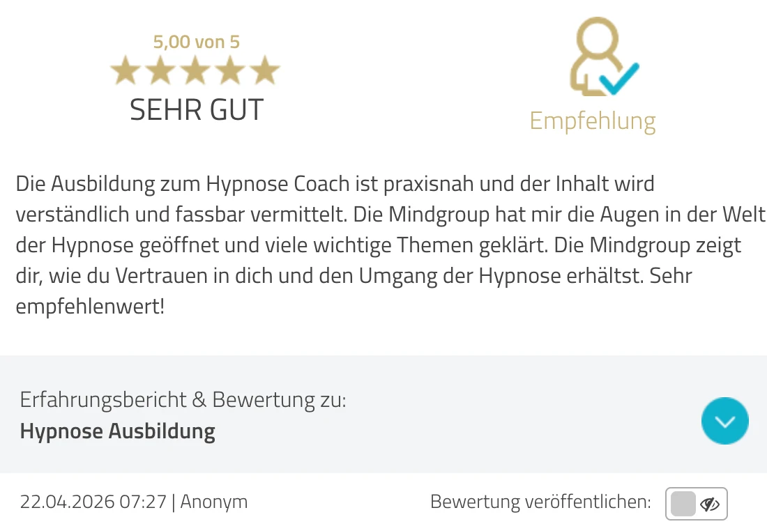 ProvenExpert-Bewertung anonym — 5 von 5 Sternen, Hypnose Ausbildung