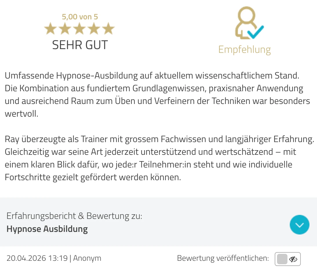 ProvenExpert-Bewertung anonym — 5 von 5 Sternen, Hypnose Ausbildung