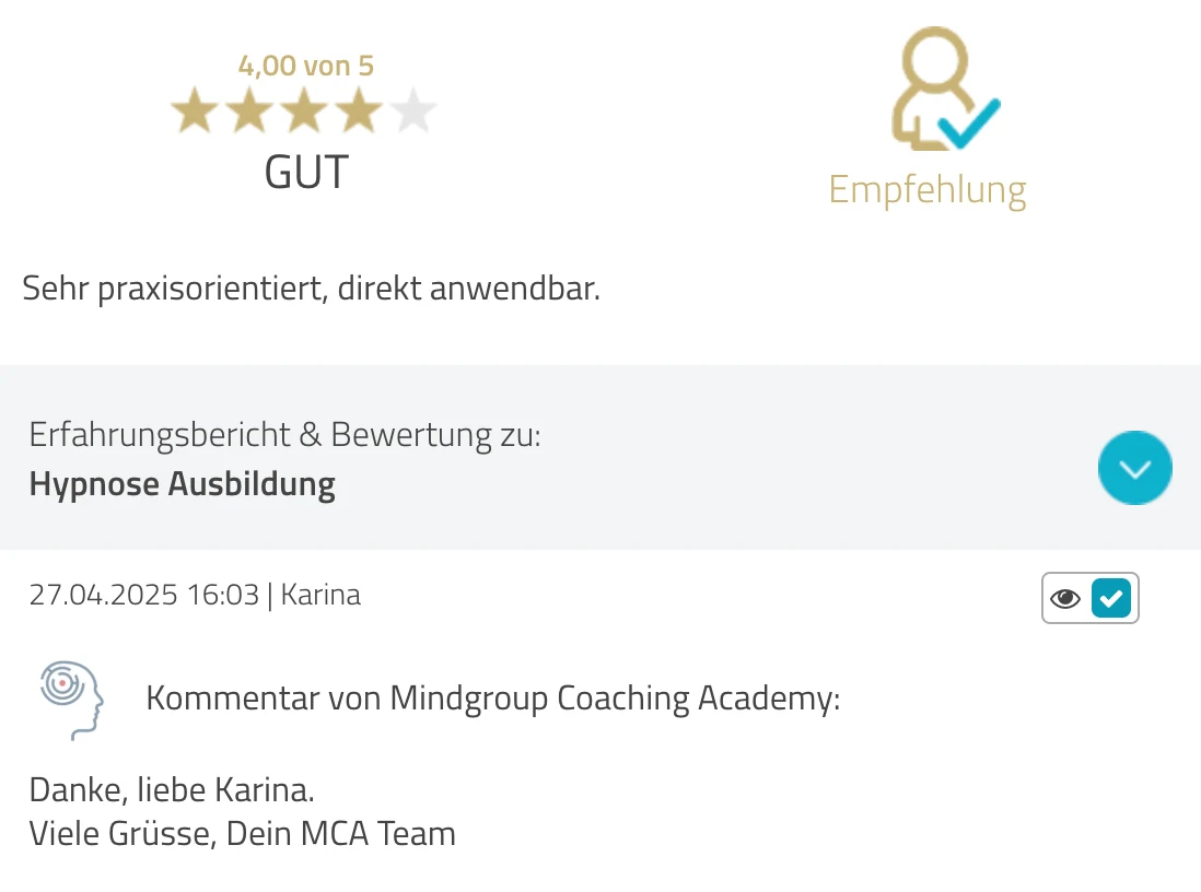 ProvenExpert-Bewertung Karina — 4 von 5 Sternen, Hypnose Ausbildung