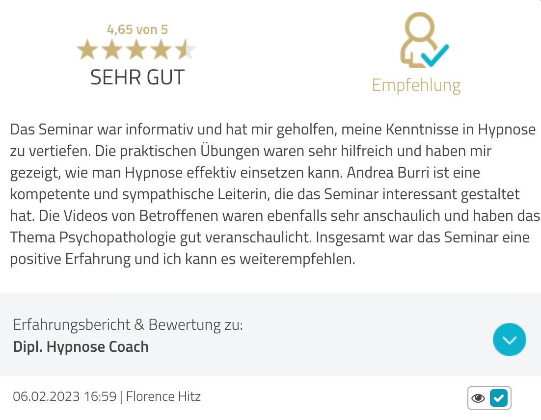 ProvenExpert-Bewertung Florence Hitz — 4.65 von 5 Sternen, Dipl. Hypnose Coach