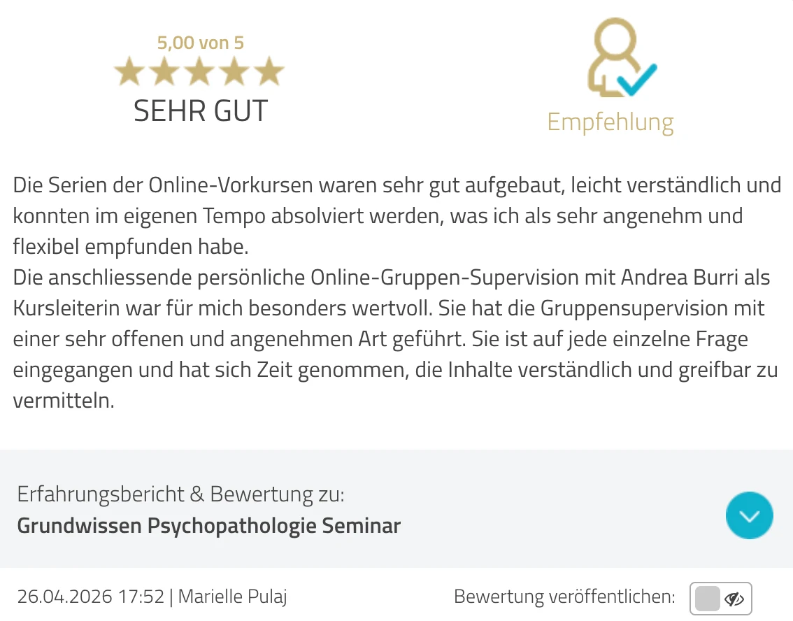 ProvenExpert-Bewertung Marielle Pulaj — 5 von 5 Sternen, Grundwissen Psychopathologie