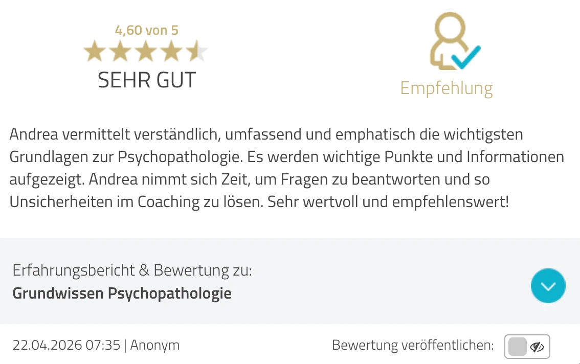 ProvenExpert-Bewertung anonym — 4.6 von 5 Sternen, Grundwissen Psychopathologie