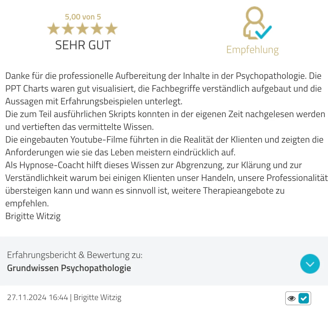 ProvenExpert-Bewertung Brigitte Witzig — 5 von 5 Sternen, Grundwissen Psychopathologie
