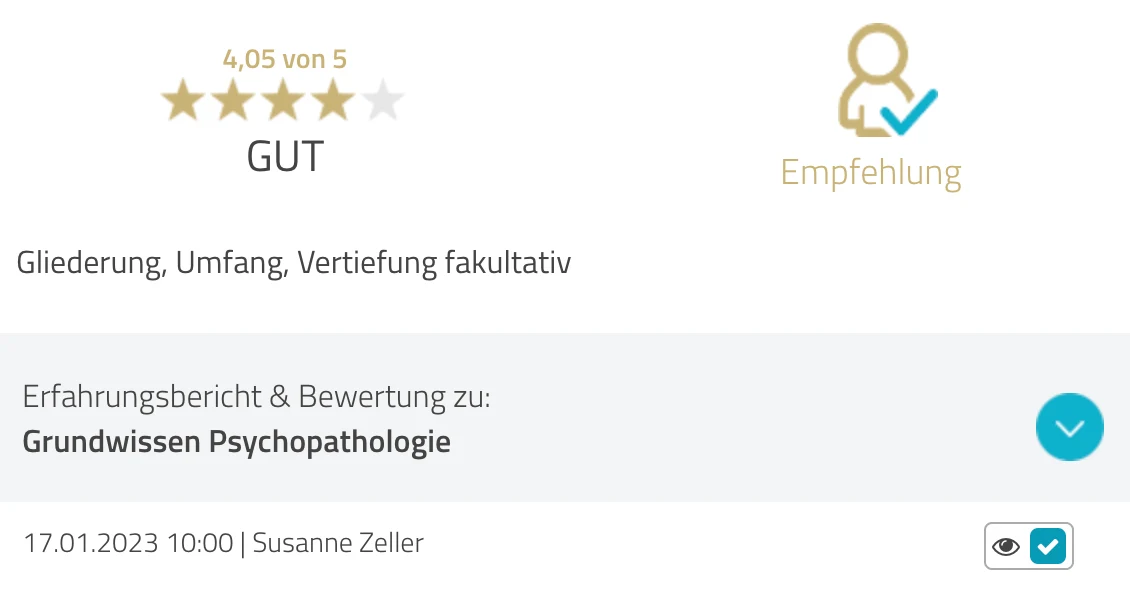 ProvenExpert-Bewertung Susanne Zeller — 4.05 von 5 Sternen, Grundwissen Psychopathologie