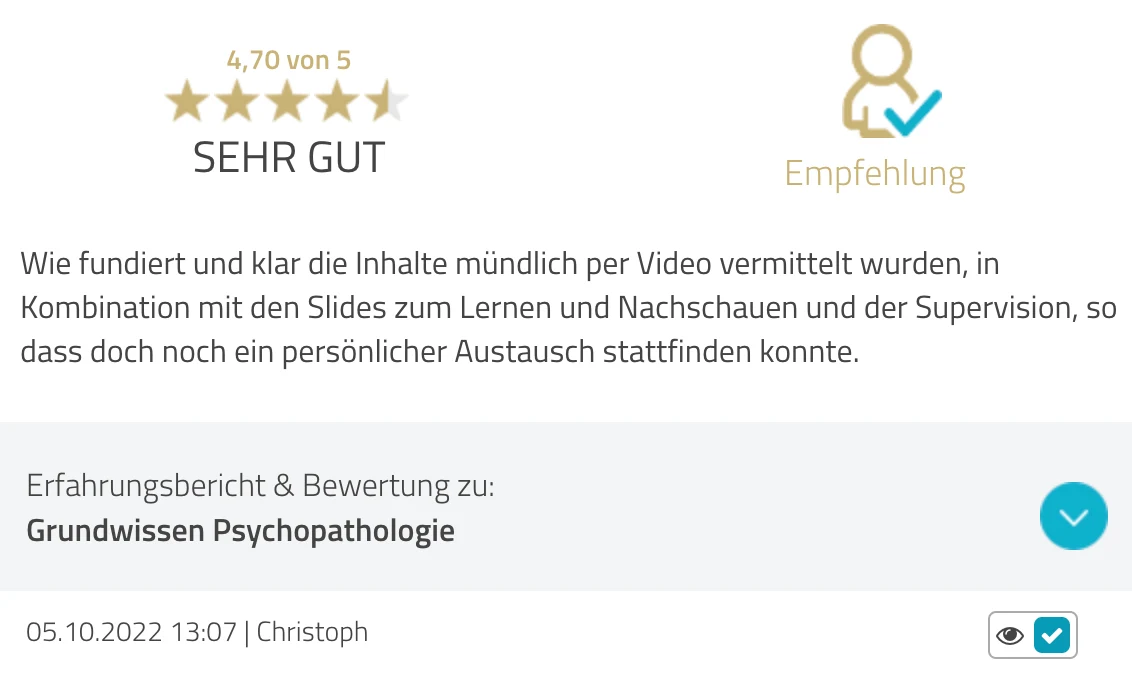 ProvenExpert-Bewertung Christoph — 4.7 von 5 Sternen, Grundwissen Psychopathologie