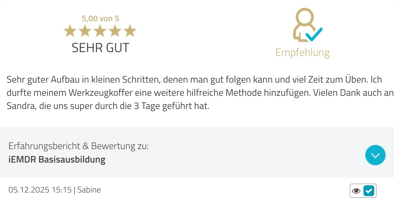 ProvenExpert-Bewertung Sabine — 5 von 5 Sternen, iEMDR Basisausbildung