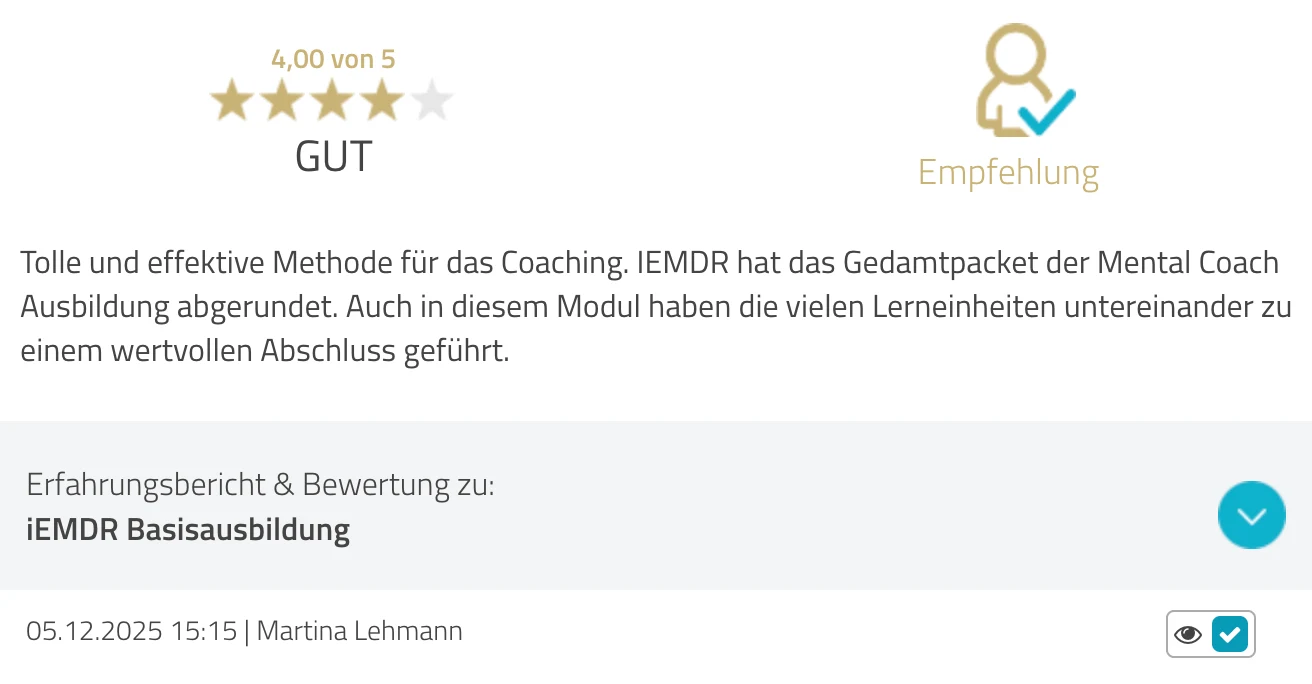 ProvenExpert-Bewertung Martina Lehmann — 4 von 5 Sternen, iEMDR Basisausbildung