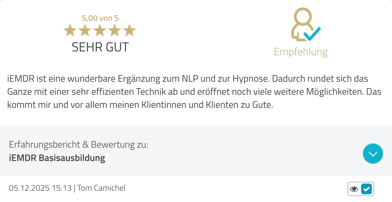 ProvenExpert-Bewertung Tom Camichel — 5 von 5 Sternen, iEMDR Basisausbildung