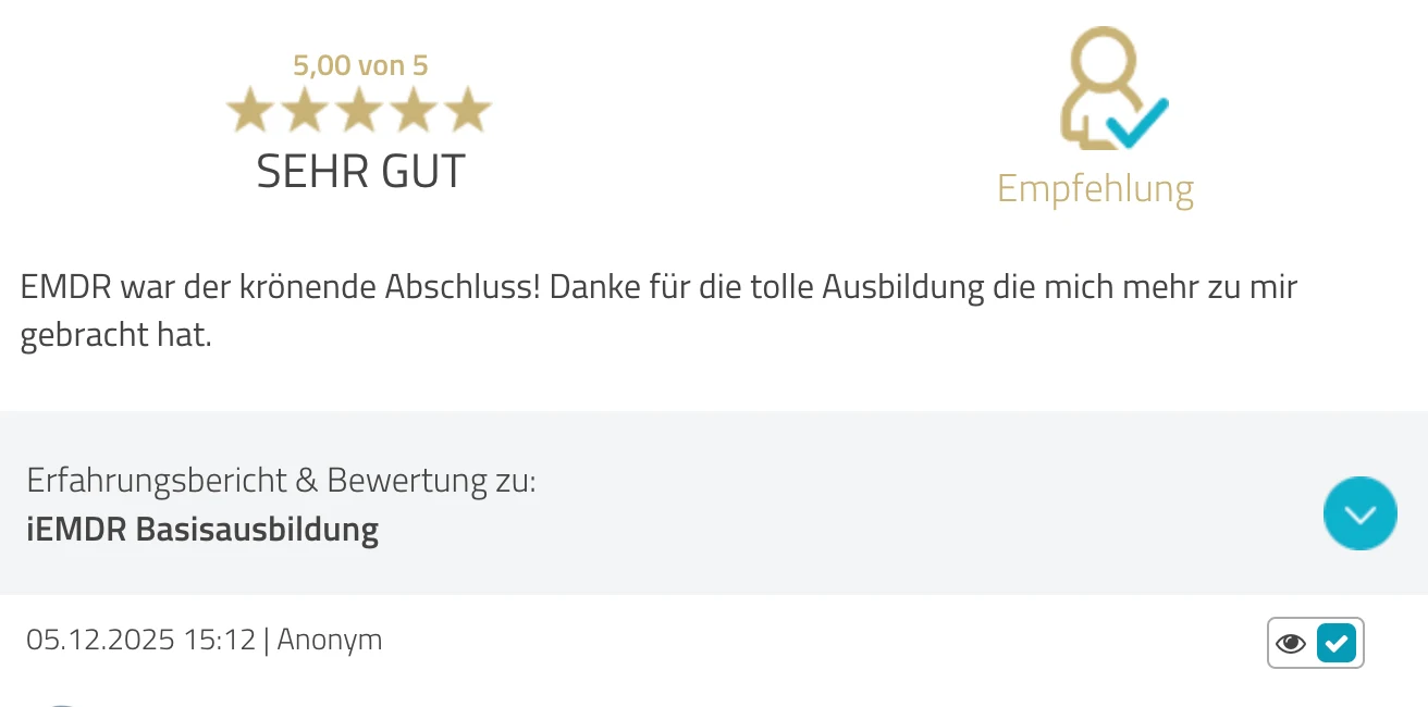ProvenExpert-Bewertung anonym — 5 von 5 Sternen, iEMDR Basisausbildung