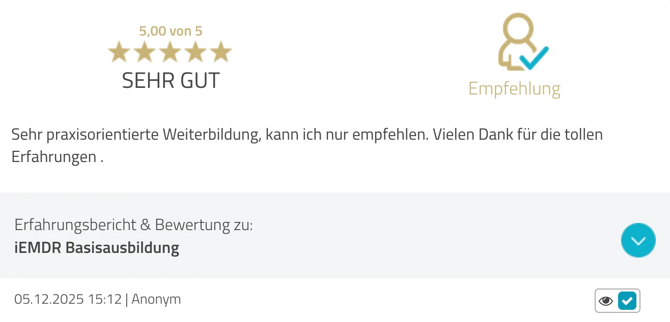 ProvenExpert-Bewertung anonym — 5 von 5 Sternen, iEMDR Basisausbildung