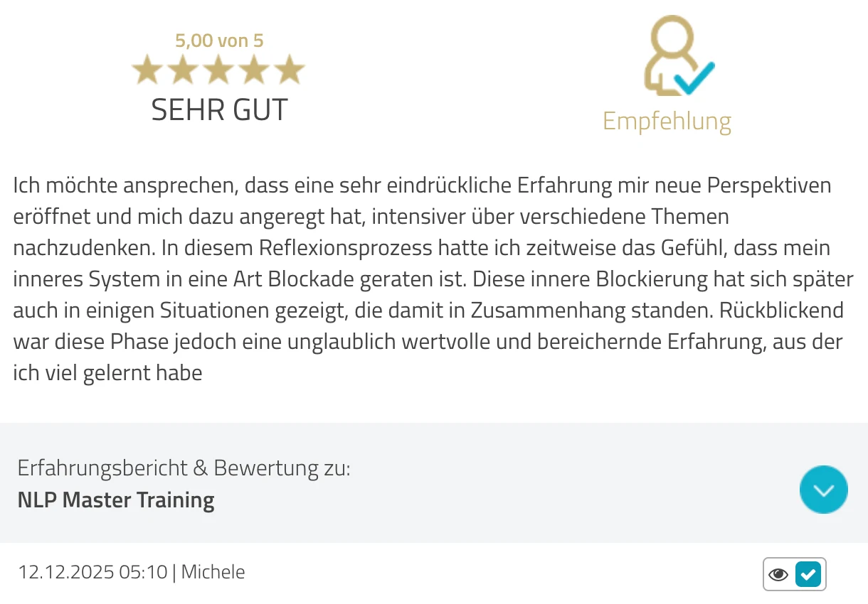 ProvenExpert-Bewertung Michele — 5 von 5 Sternen, NLP Master Training