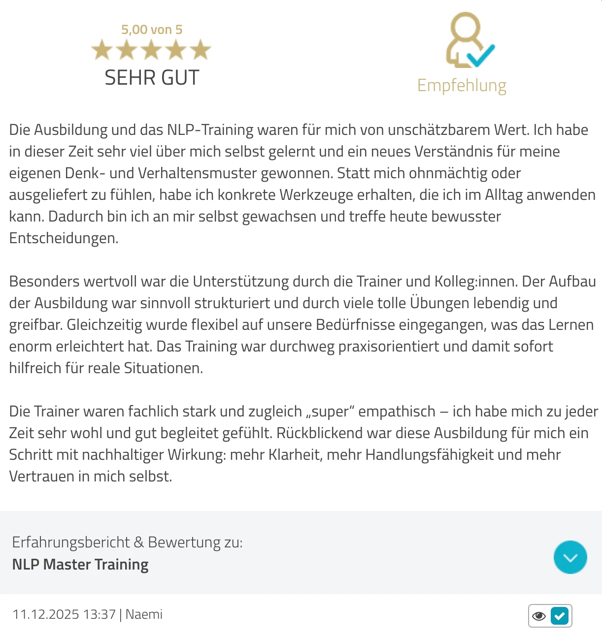 ProvenExpert-Bewertung Naemi — 5 von 5 Sternen, NLP Master Training