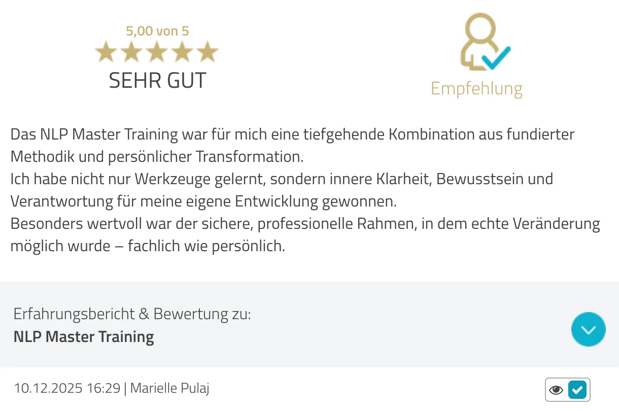ProvenExpert-Bewertung Marielle Pulaj — 5 von 5 Sternen, NLP Master Training