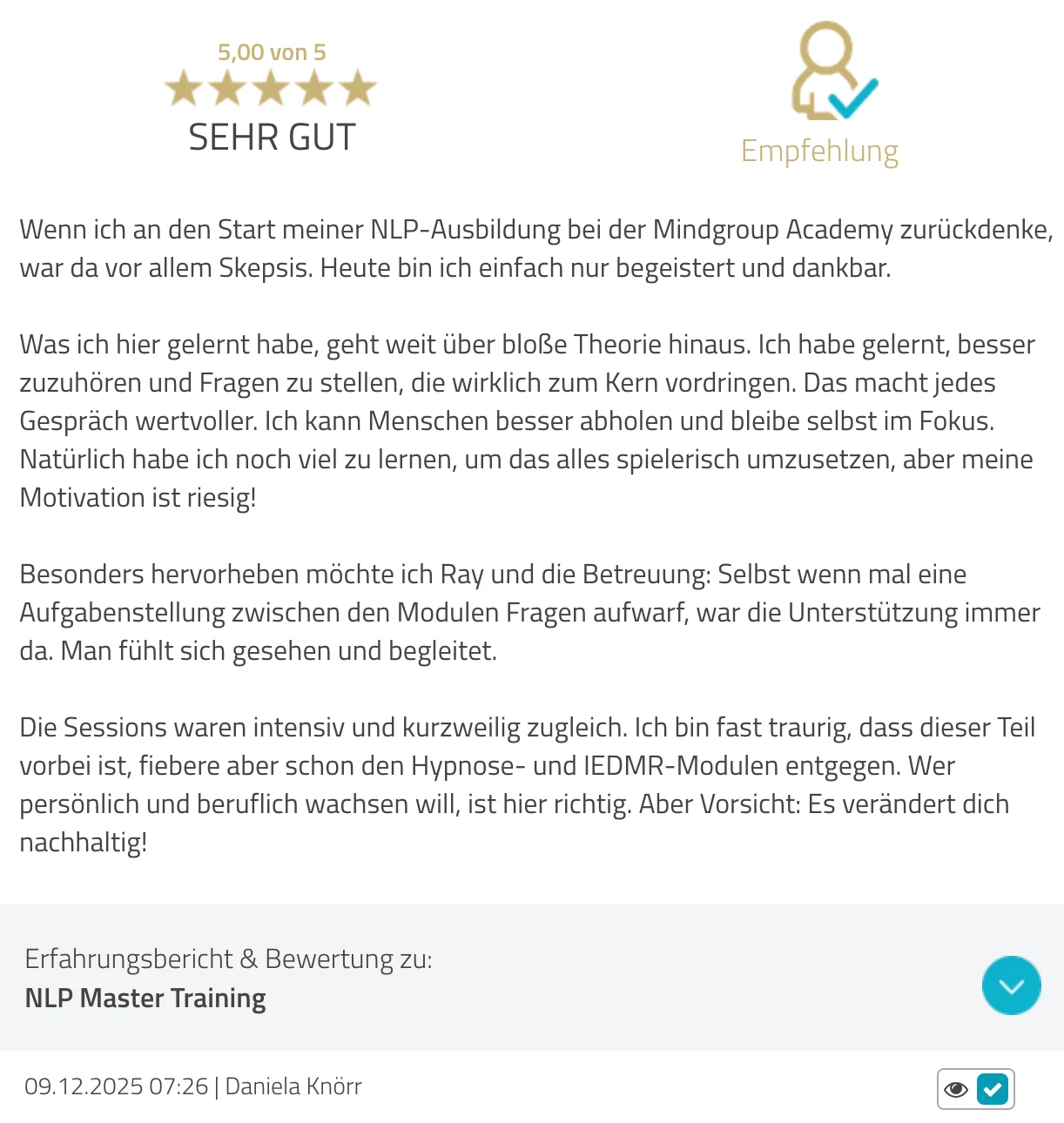 ProvenExpert-Bewertung Daniela Knörr — 5 von 5 Sternen, NLP Master Training