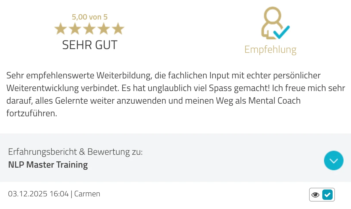 ProvenExpert-Bewertung Carmen — 5 von 5 Sternen, NLP Master Training
