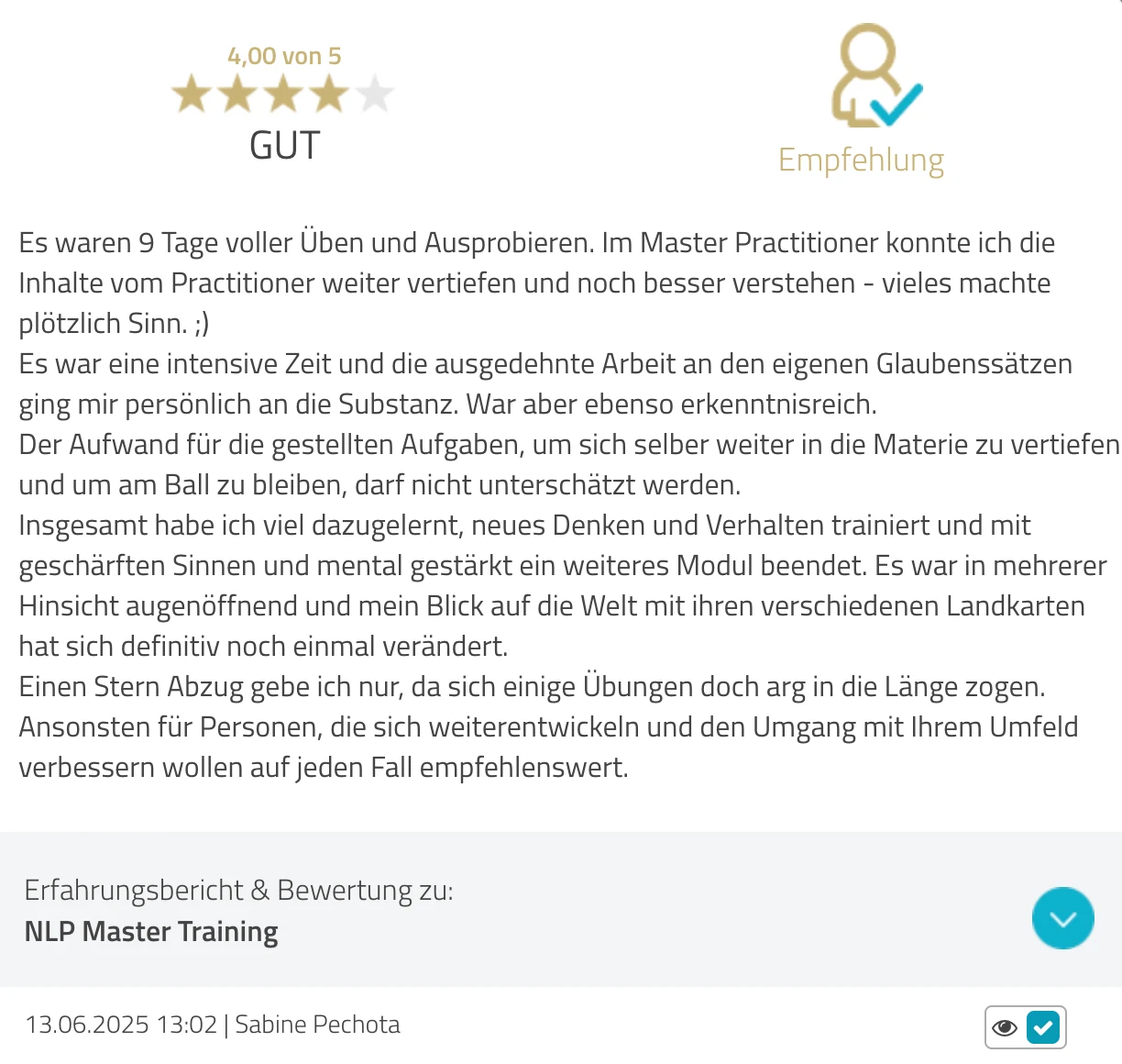 ProvenExpert-Bewertung Sabine Pechota — 4 von 5 Sternen, NLP Master Training