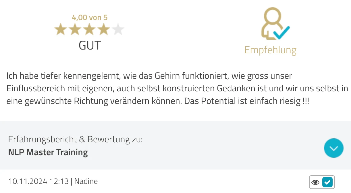 ProvenExpert-Bewertung Nadine — 4 von 5 Sternen, NLP Master Training