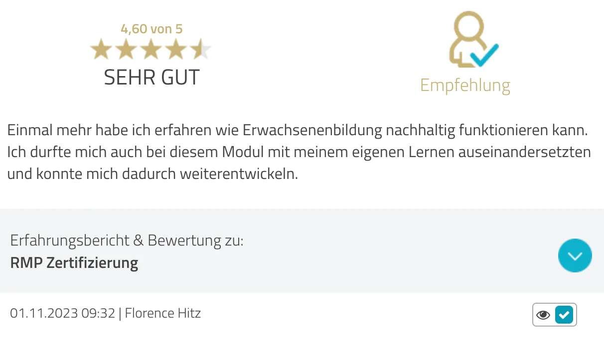 ProvenExpert-Bewertung Florence Hitz — 4,6 von 5 Sternen, RMP Zertifizierung