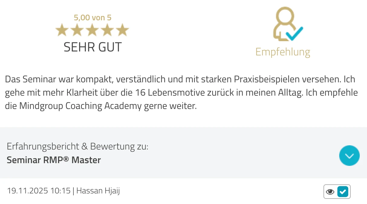 ProvenExpert-Bewertung Hassan Hjaij — 5 von 5 Sternen, Seminar RMP Master