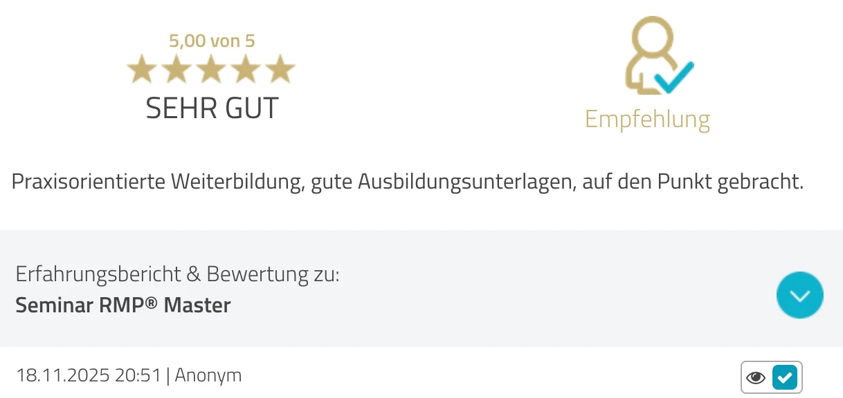 ProvenExpert-Bewertung Anonym — 5 von 5 Sternen, Seminar RMP Master