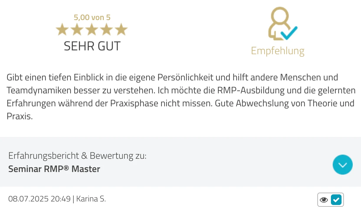 ProvenExpert-Bewertung Karina S. — 5 von 5 Sternen, Seminar RMP Master