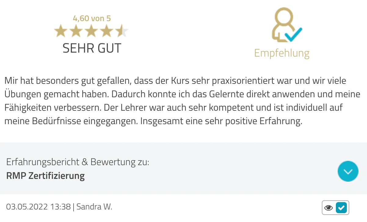 ProvenExpert-Bewertung Sandra W. — 4,6 von 5 Sternen, RMP Zertifizierung