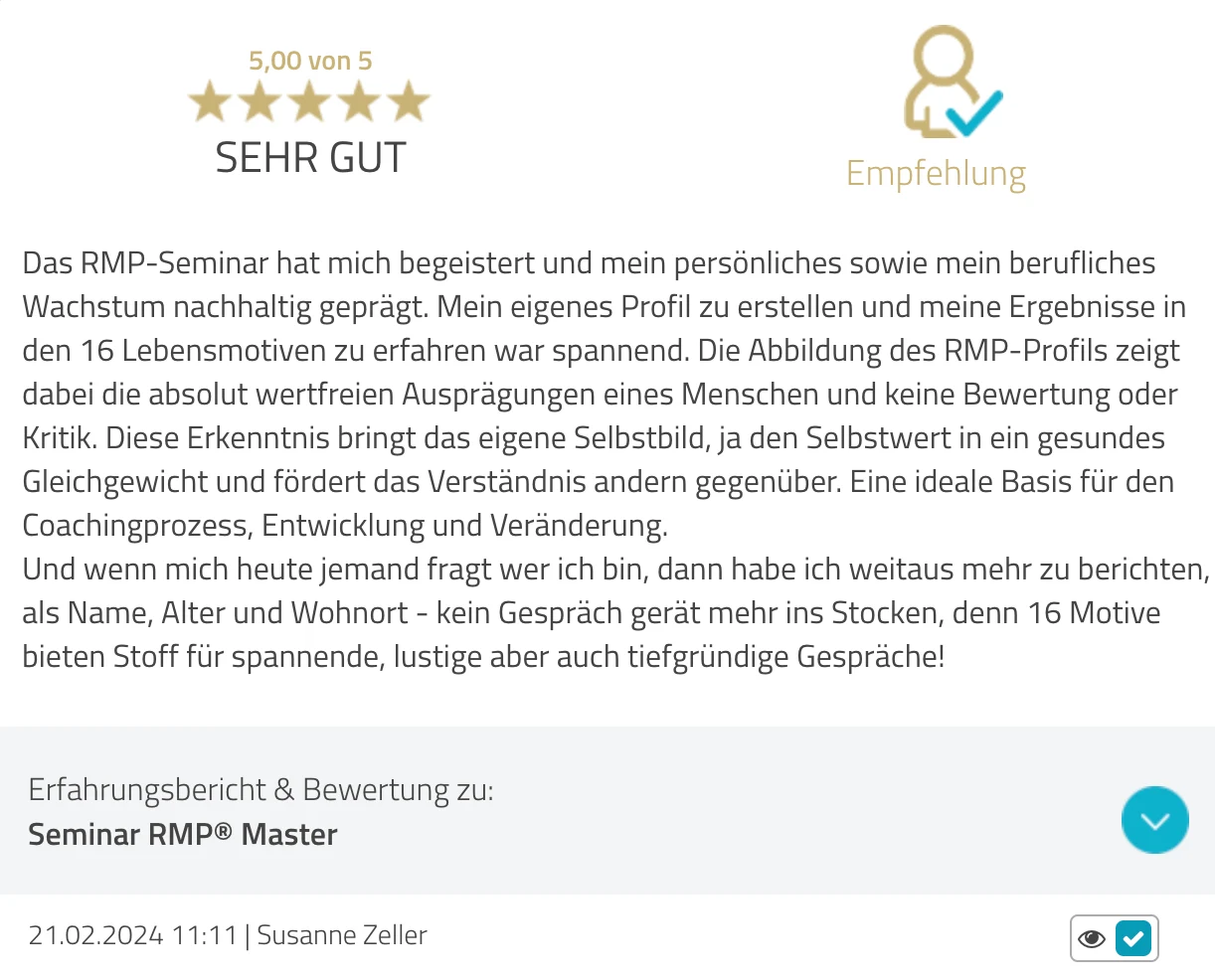 ProvenExpert-Bewertung Susanne Zeller — 5 von 5 Sternen, Seminar RMP Master