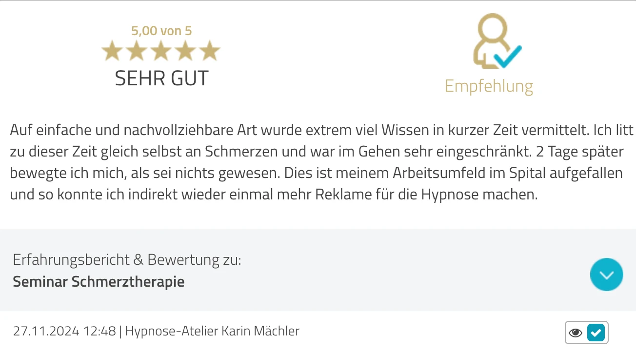 ProvenExpert-Bewertung Hypnose-Atelier Karin Mächler — 5 von 5 Sternen, Seminar Schmerztherapie