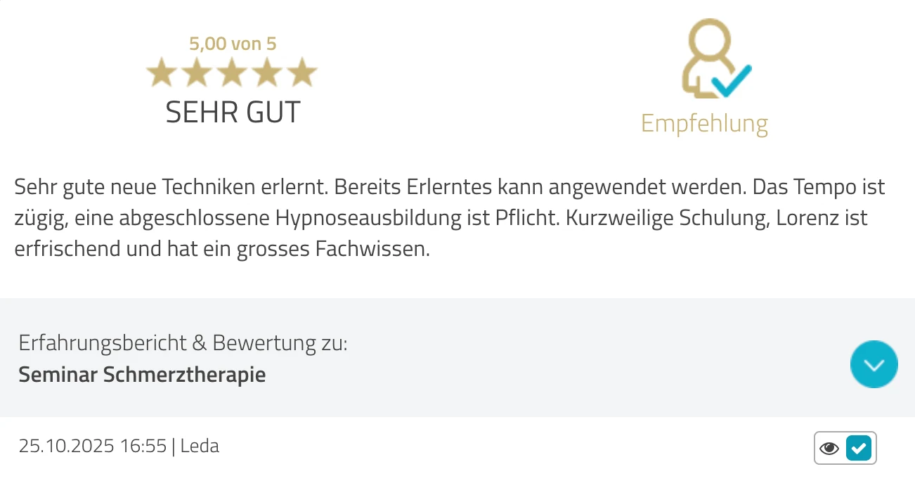 ProvenExpert-Bewertung Leda — 5 von 5 Sternen, Seminar Schmerztherapie