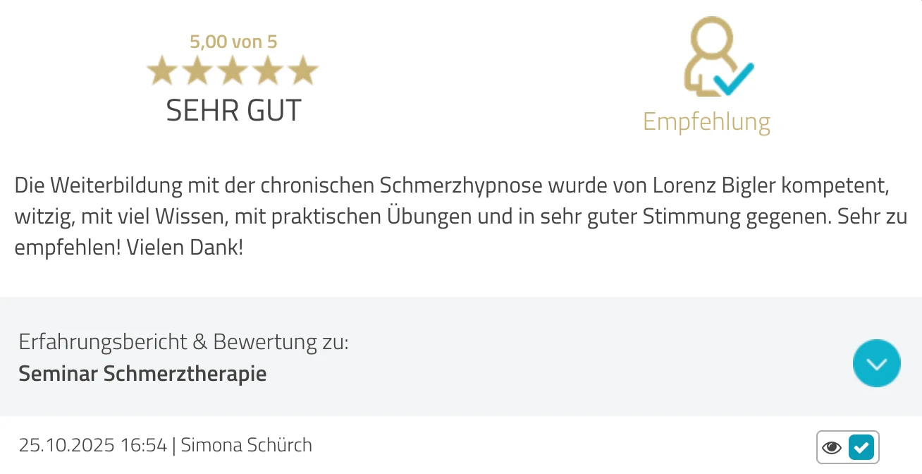 ProvenExpert-Bewertung Simona Schürch — 5 von 5 Sternen, Seminar Schmerztherapie