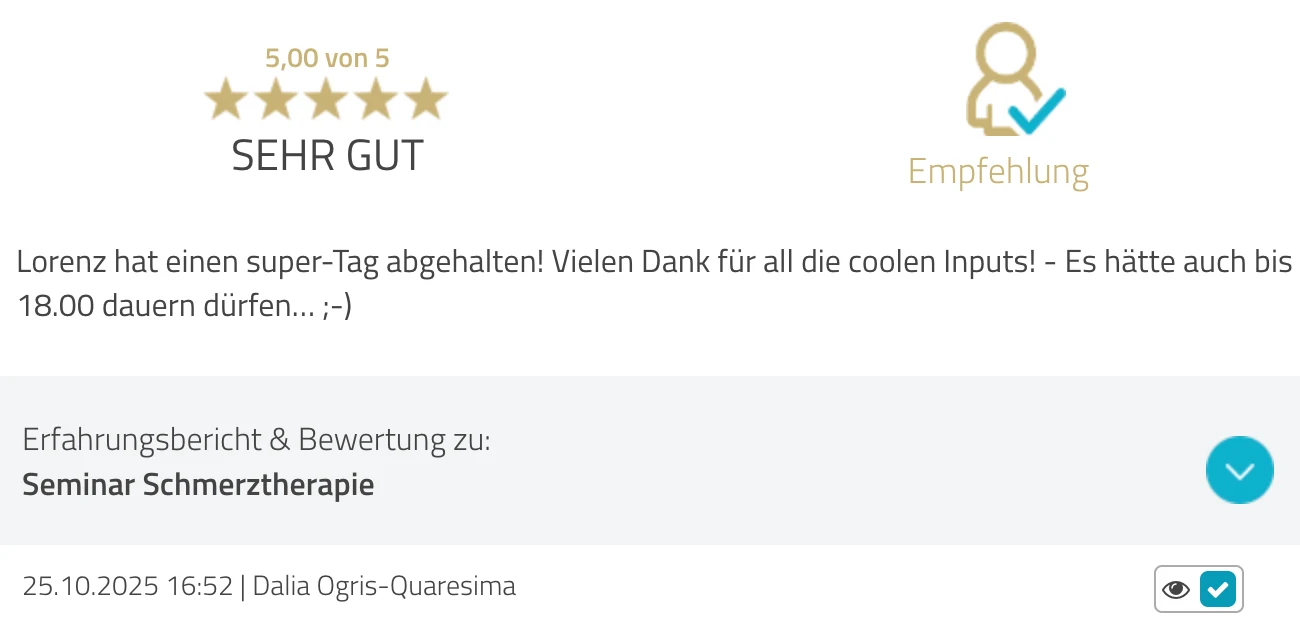 ProvenExpert-Bewertung Dalia Ogris-Quaresima — 5 von 5 Sternen, Seminar Schmerztherapie
