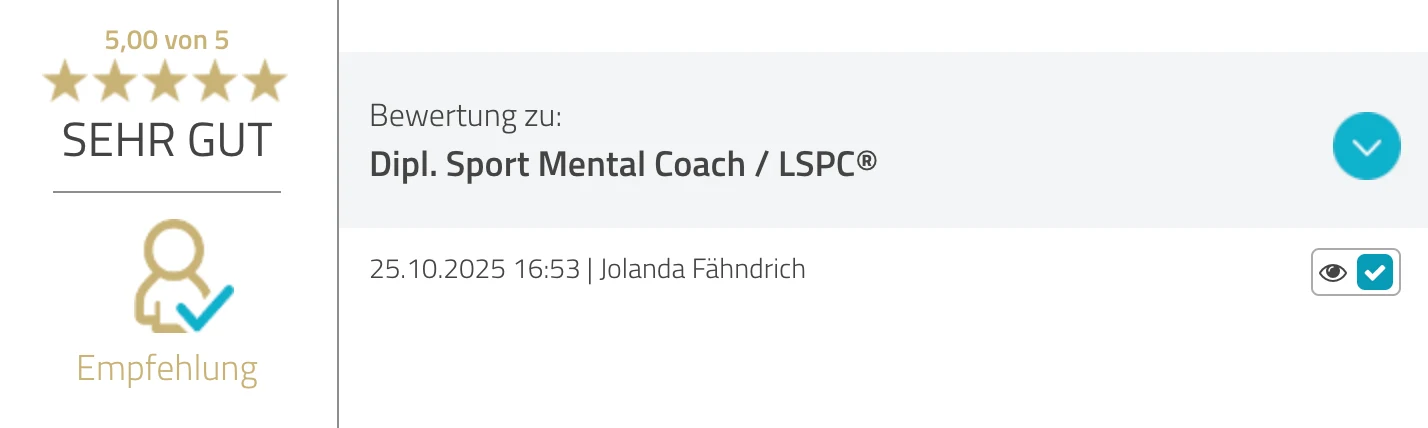 ProvenExpert-Bewertung Jolanda Fähndrich — 5 von 5 Sternen, Dipl. Sport Mental Coach / LSPC®