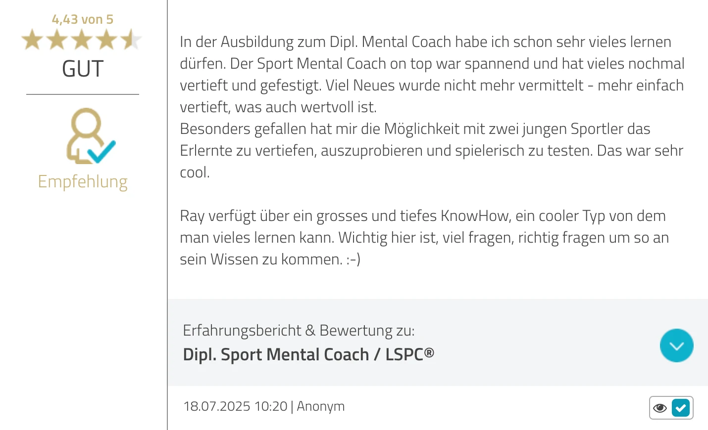 ProvenExpert-Bewertung anonym — 4.43 von 5 Sternen, Dipl. Sport Mental Coach / LSPC®