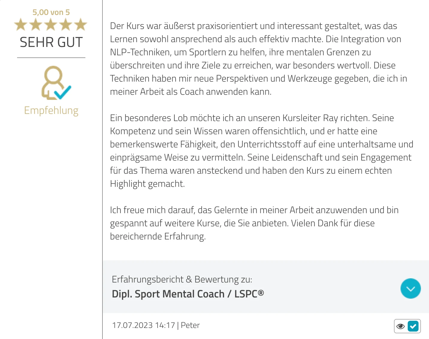 ProvenExpert-Bewertung Peter — 5 von 5 Sternen, Dipl. Sport Mental Coach / LSPC®