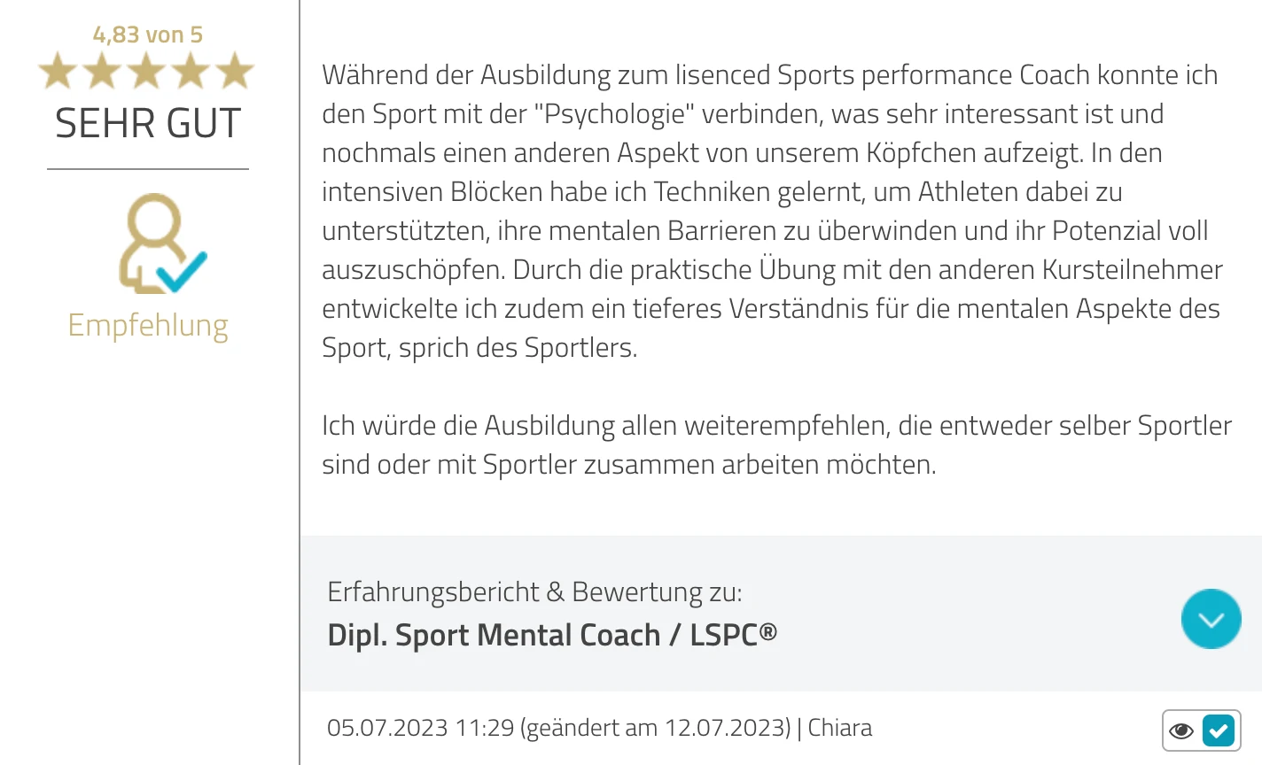 ProvenExpert-Bewertung Chiara — 4.83 von 5 Sternen, Dipl. Sport Mental Coach / LSPC®