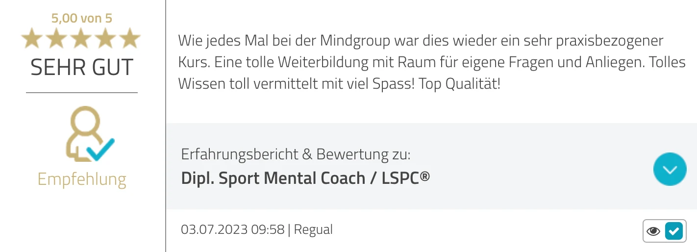 ProvenExpert-Bewertung Regual — 5 von 5 Sternen, Dipl. Sport Mental Coach / LSPC®