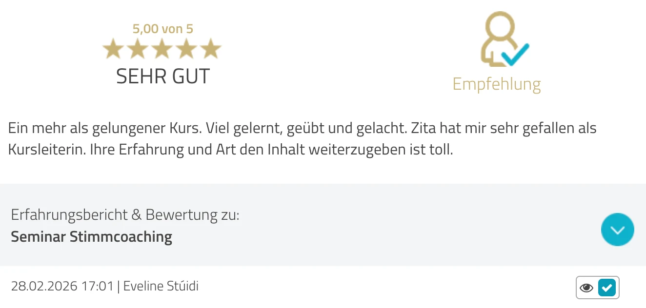 ProvenExpert-Bewertung Eveline Stúidi — 5 von 5 Sternen, Seminar Stimmcoaching
