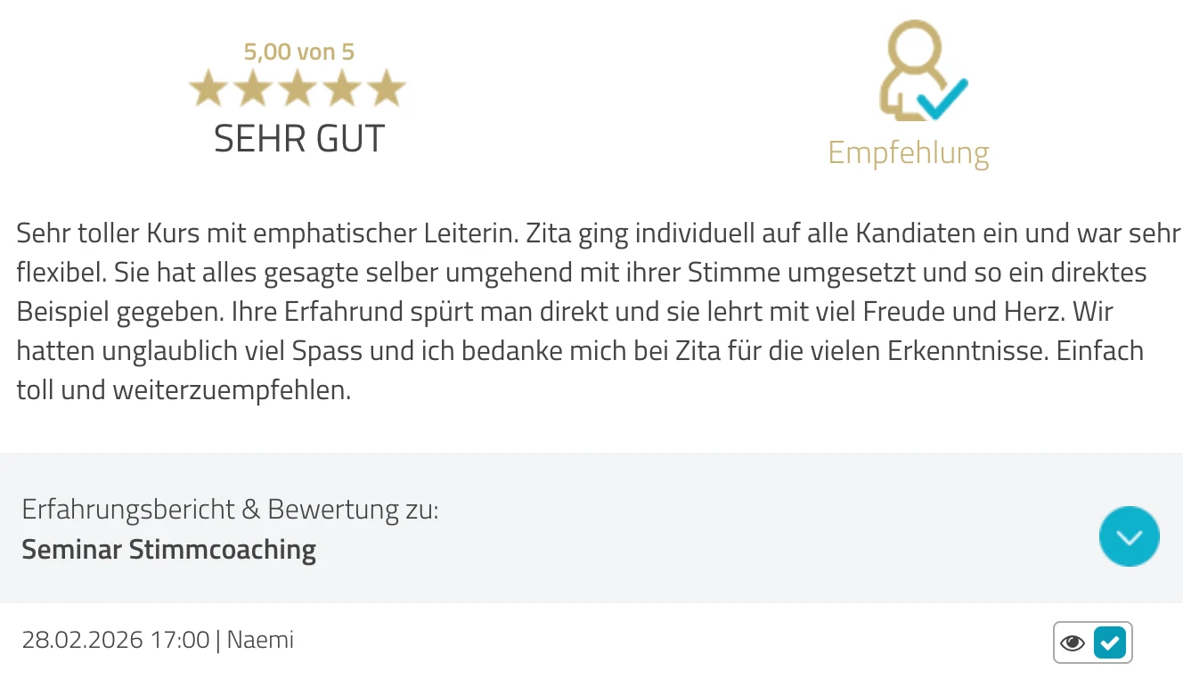 ProvenExpert-Bewertung Naemi — 5 von 5 Sternen, Seminar Stimmcoaching