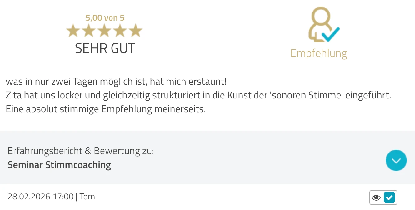 ProvenExpert-Bewertung Tom — 5 von 5 Sternen, Seminar Stimmcoaching
