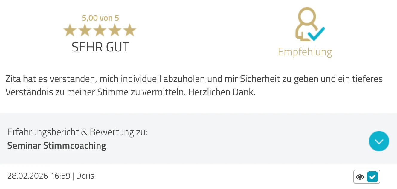 ProvenExpert-Bewertung Doris — 5 von 5 Sternen, Seminar Stimmcoaching