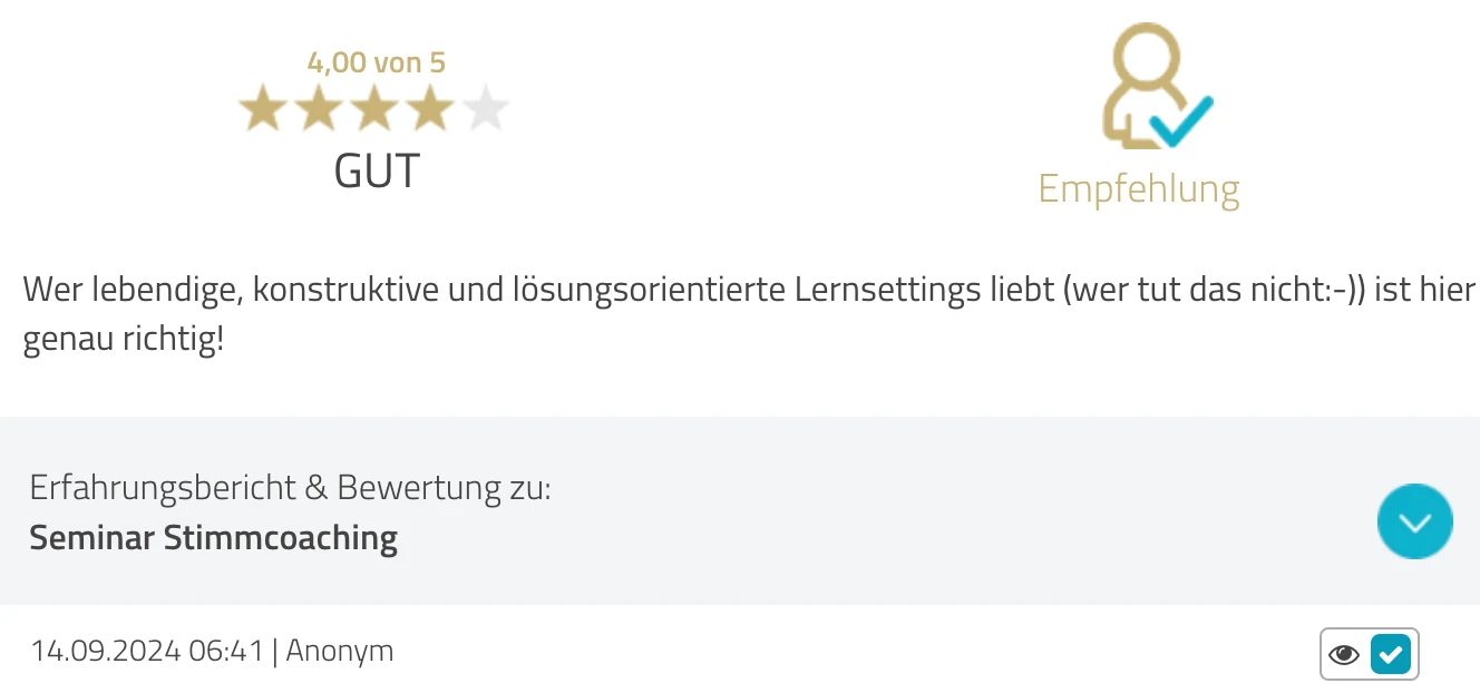 ProvenExpert-Bewertung Anonym — 4 von 5 Sternen, Seminar Stimmcoaching